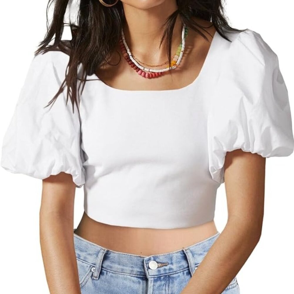 White Short Puff Sleeve Crop Top M